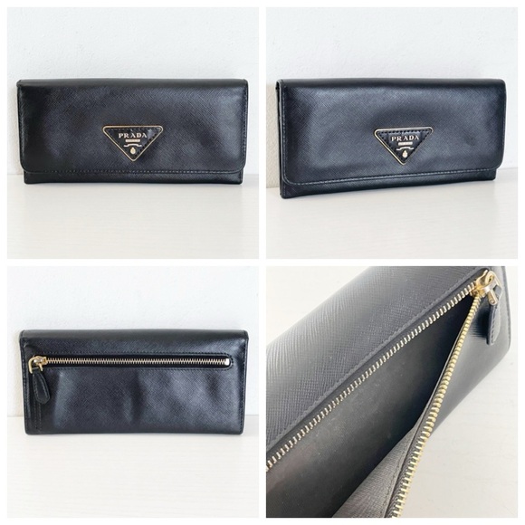 Prada black saffiano leather triangle long snap wallet sleek gold - Picture 2 of 11